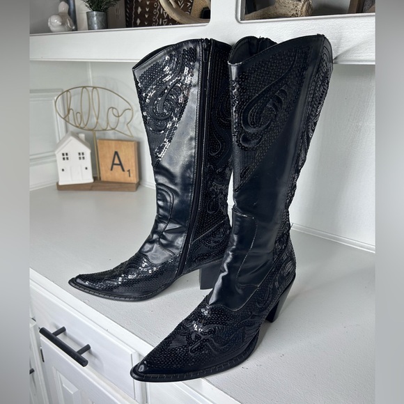 Helens Heart Shoes - Helen’s Heart Black Sequin Western Boots Women’s 8 Pointed Toe Rhinestone Cowboy